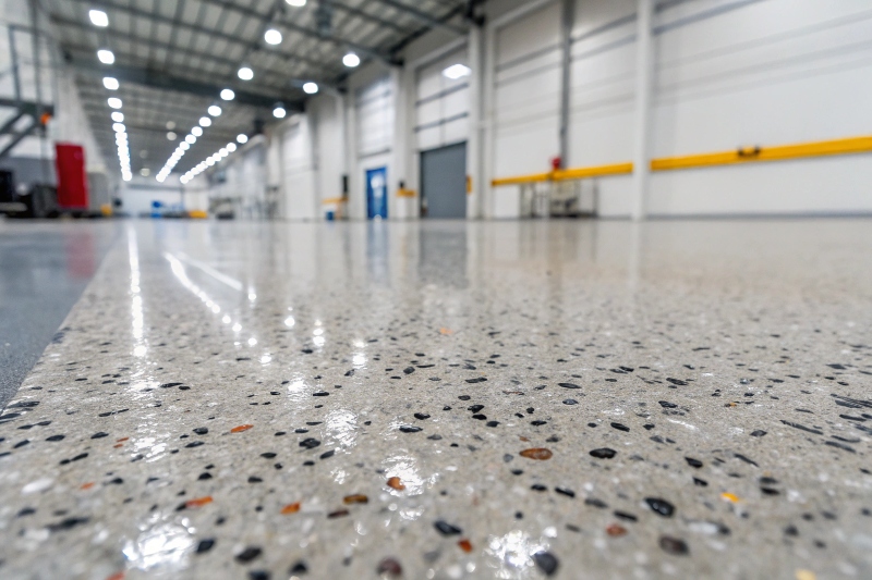 Close-up view of anti-slip epoxy flooring texture showing silica aggregate particles for slip resistance