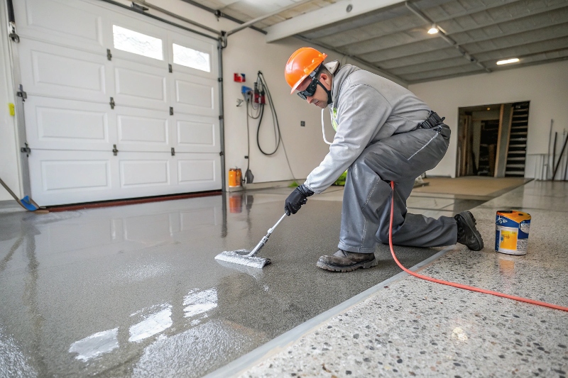 Professional contractor installing anti-slip epoxy flooring by broadcasting aggregate onto wet epoxy base coat