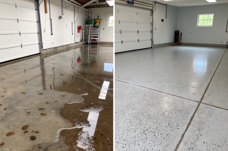 Before and after comparison of slippery concrete garage floor transformed with anti-slip epoxy coating in Sutherland Shire
