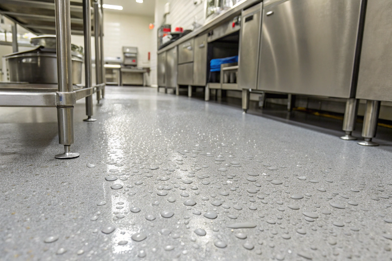 Commercial kitchen epoxy flooring close-up showing water resistance and slip-resistant texture in Sutherland Shire restaurant