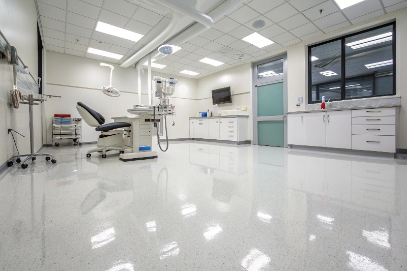 Modern dental practice treatment room featuring seamless white epoxy healthcare flooring with dental chair and equipment
