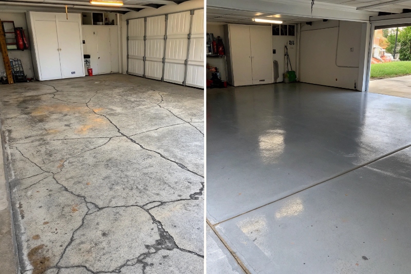 Before and after epoxy concrete sealing transformation showing stained concrete vs glossy sealed floor