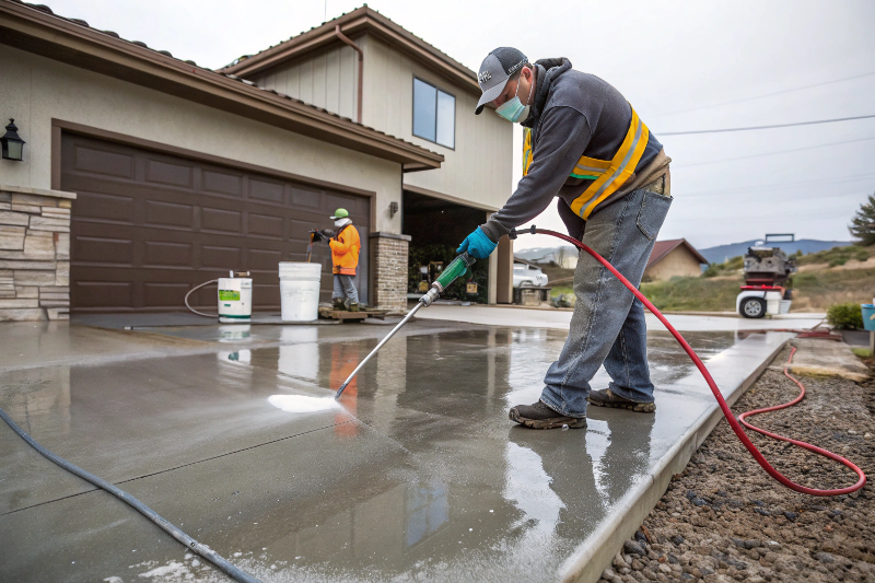 Professional contractor applying epoxy driveway coating in Sutherland Shire using spray equipment