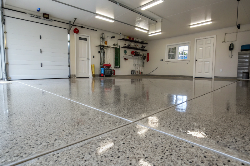 Finished epoxy sealed concrete floor showing water resistance and high-gloss finish