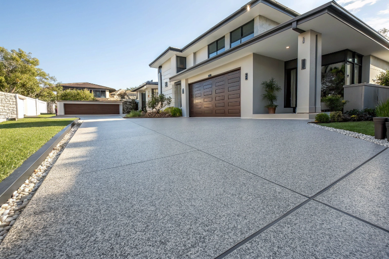 glossy-epoxy-coated-driveway Finished epoxy driveway coating with decorative flakes at Sutherland Shire home showing enhanced curb appeal
