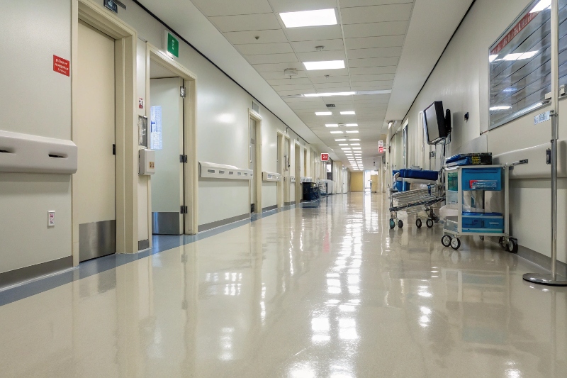 Hospital corridor with glossy seamless epoxy flooring reflecting overhead lighting in sterile healthcare environment