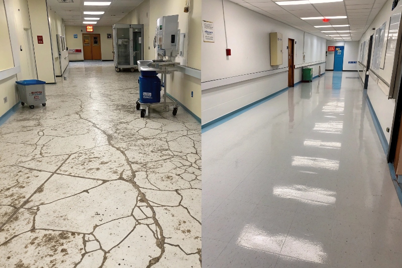 Before and after comparison of hospital operating room flooring showing old vinyl versus new seamless epoxy healthcare flooring