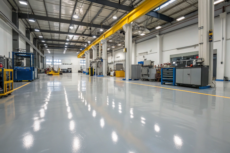 Industrial workshop with gray epoxy flooring and heavy machinery in Sutherland Shire