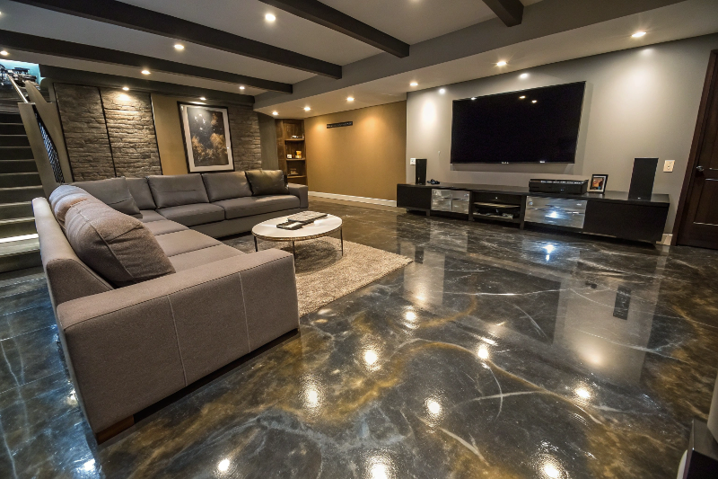 Close up detail of metallic epoxy flooring showing silver gold swirl patterns and three dimensional effects
