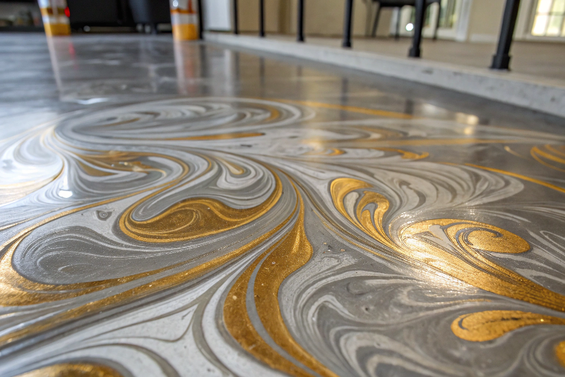 Modern entertainment room Sutherland Shire with dark bronze metallic epoxy flooring