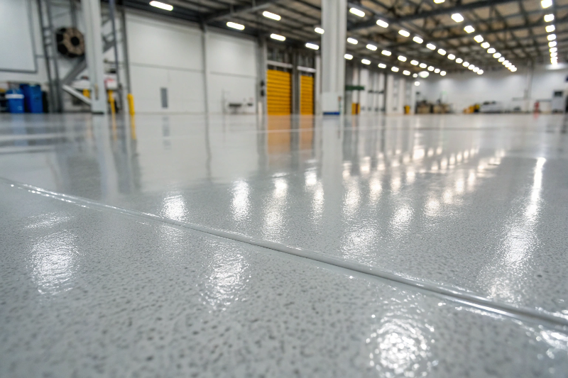 Close-up view of gray industrial epoxy floor surface with glossy finish