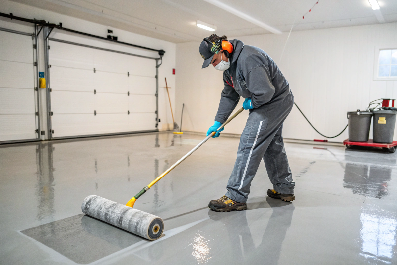 Professional contractor applying epoxy concrete sealing with industrial equipment