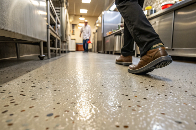 Close-up of slip-resistant textured epoxy flooring in restaurant kitchen showing safety features for staff protection