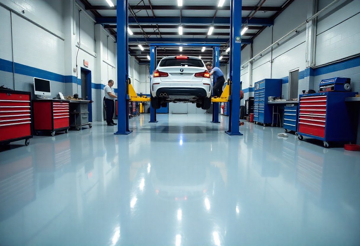 Professional automotive repair workshop with glossy grey epoxy floor coating