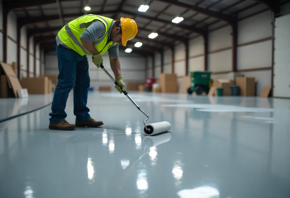 Professional contractor in safety gear applying Industrial warehouse flooring