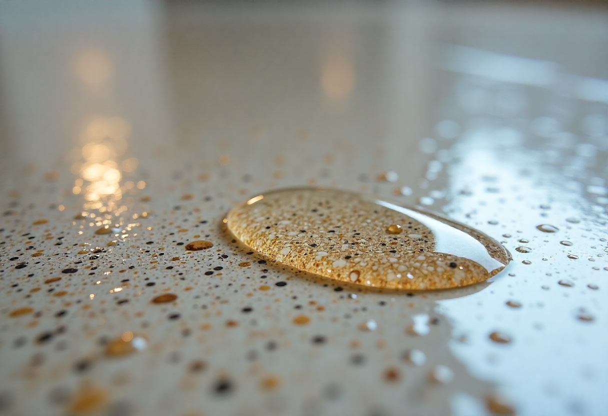 Small droplets of aviation fuel and hydraulic fluid beading on the glossy, chemical-resistant surface of Aircraft hangar epoxy flooring