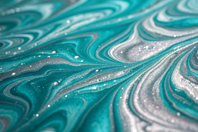Close-up macro shot of metallic epoxy floor showing turquoise and silver pigment swirls with 3D depth effect