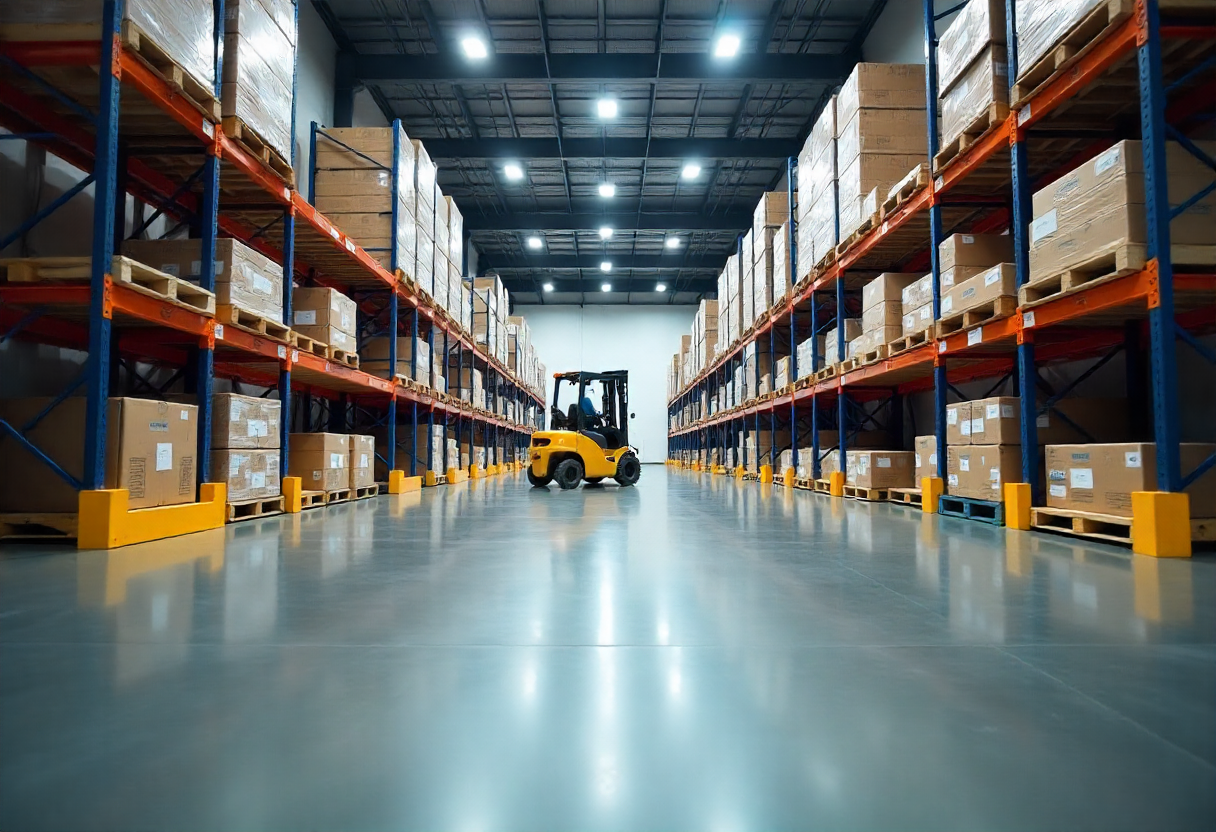 Large industrial Warehouse Epoxy Flooring interior with glossy gray epoxy flooring