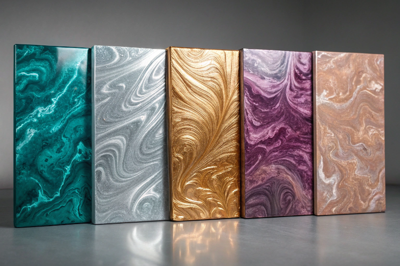 Six metallic epoxy floor color samples showing popular Sutherland combinations: blue, black-gold, silver, copper, rose gold, purple