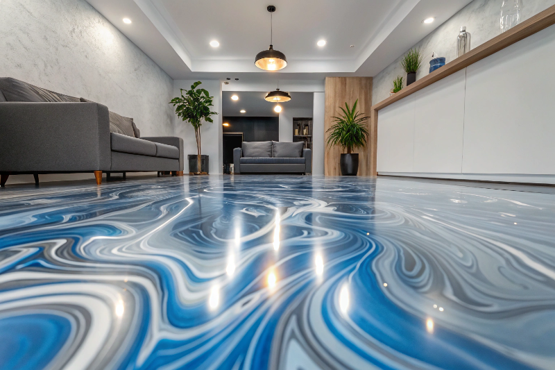 Stunning blue metallic epoxy flooring in modern Sutherland living room with silver swirls and high-gloss finish